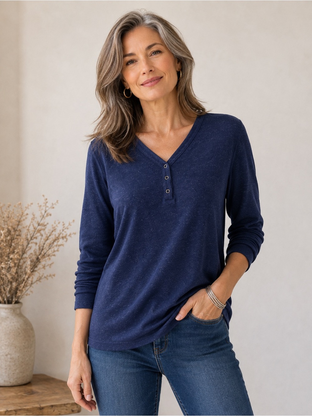 Chico's Navy Long-Sleeve V-Neck Henley